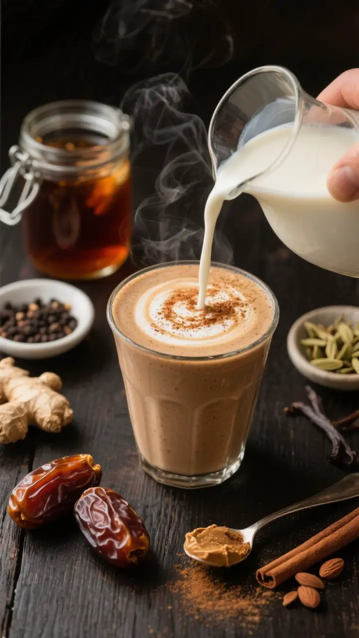45-degree action shot of a Chai-Date smoothie being poured into a short tumbler, showing its creamy, latte-like swirl; finished with a fine dusting of cinnamon on top. Surround with scene-setters: a chilled jar of strongly brewed chai tea, two pitted Medjool dates, a spoonful of almond butter, ground cinnamon and cardamom, tiny dishes of ginger and black pepper, vanilla almond milk. Warm, café-inspired styling on a dark wood surface, moody light, steam lightly rising from a separate warm milk carafe for latte vibes.