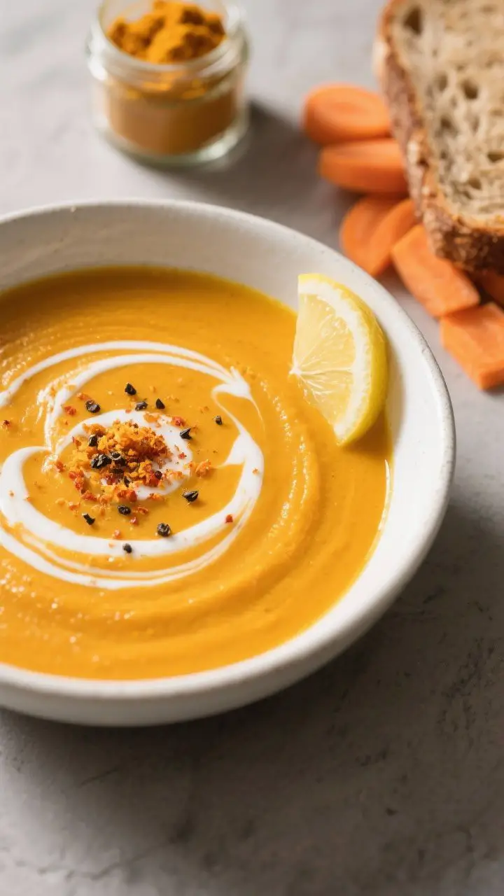45-degree angle bowl shot of Ginger-Turmeric Carrot Soup: a silky, vibrant orange puree in a matte white bowl, elegant coconut milk swirl on top, a dusting of cracked black pepper and pinch of cayenne at the center; garnished with a wisp of grated fresh ginger and a lemon wedge on the rim; background props include a small jar of ground turmeric, sliced carrots, and a piece of whole-grain toast; soft, soothing light with gentle shadows to emphasize the velvety texture.
