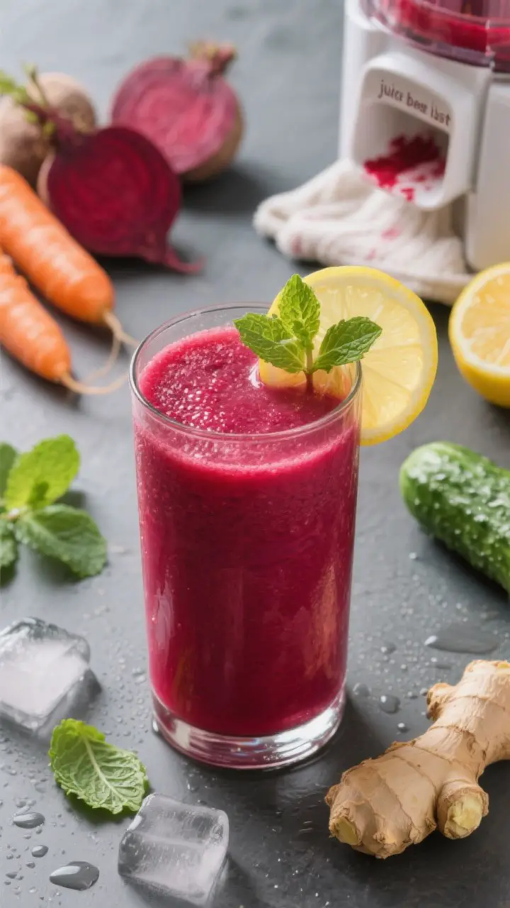 45-degree angle close-up of a beet-powered detox juice poured into a clear cylindrical glass, saturated magenta-red with a lemon slice on the rim and a sprig of fresh mint. In the background, softly blurred but identifiable: quartered beet, peeled carrots, half lemon, small cucumber, mint leaves, and a thumb of ginger. Include a juicer chute with faint beet staining and a small towel to suggest “juice beet last” tip. Ice-cold condensation, spa-fresh mood; a few mint leaves scattered on a cool slate surface; precise, punchy color contrast of red, orange, and green.