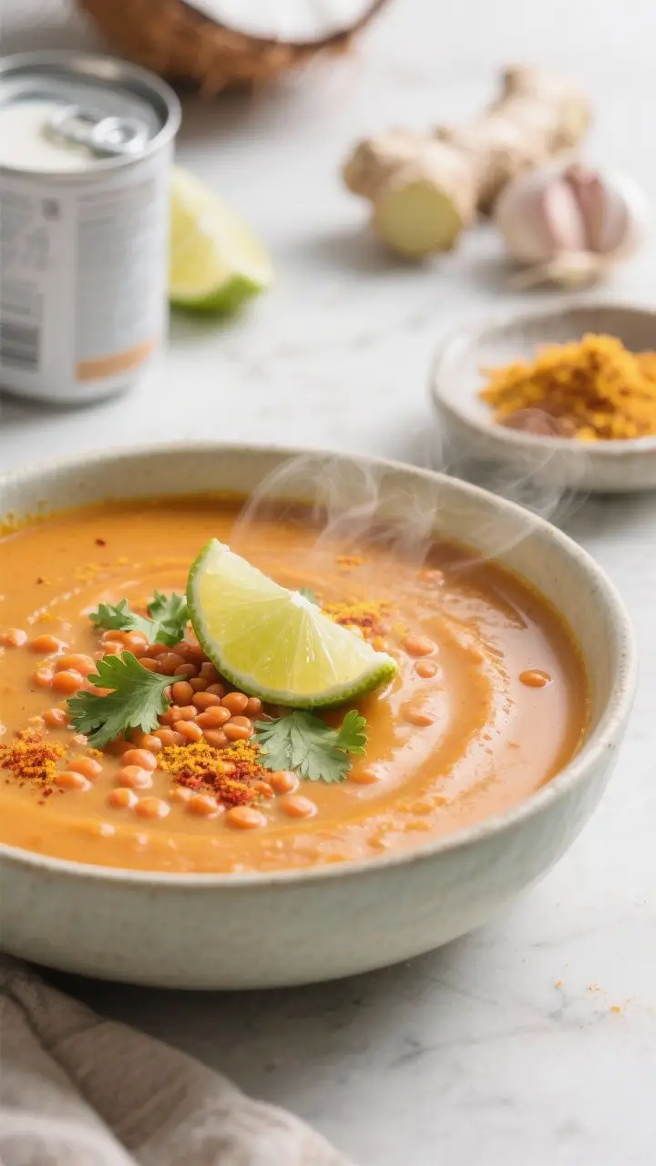45-degree angle close-up of Creamy Coconut Red Lentil Soup in a pale ceramic bowl: silky, sunset-orange puree from red lentils and coconut milk, tiny specks of turmeric and curry powder, with a fresh squeeze of lime glistening on top. Finish with a sprinkle of chopped cilantro and a light dusting of cayenne. Place lime wedges and an open can of coconut milk in the background, plus a small dish of grated ginger and garlic. Clean, bright weekday-kitchen mood with soft daylight and minimal props, steam gently rising.
