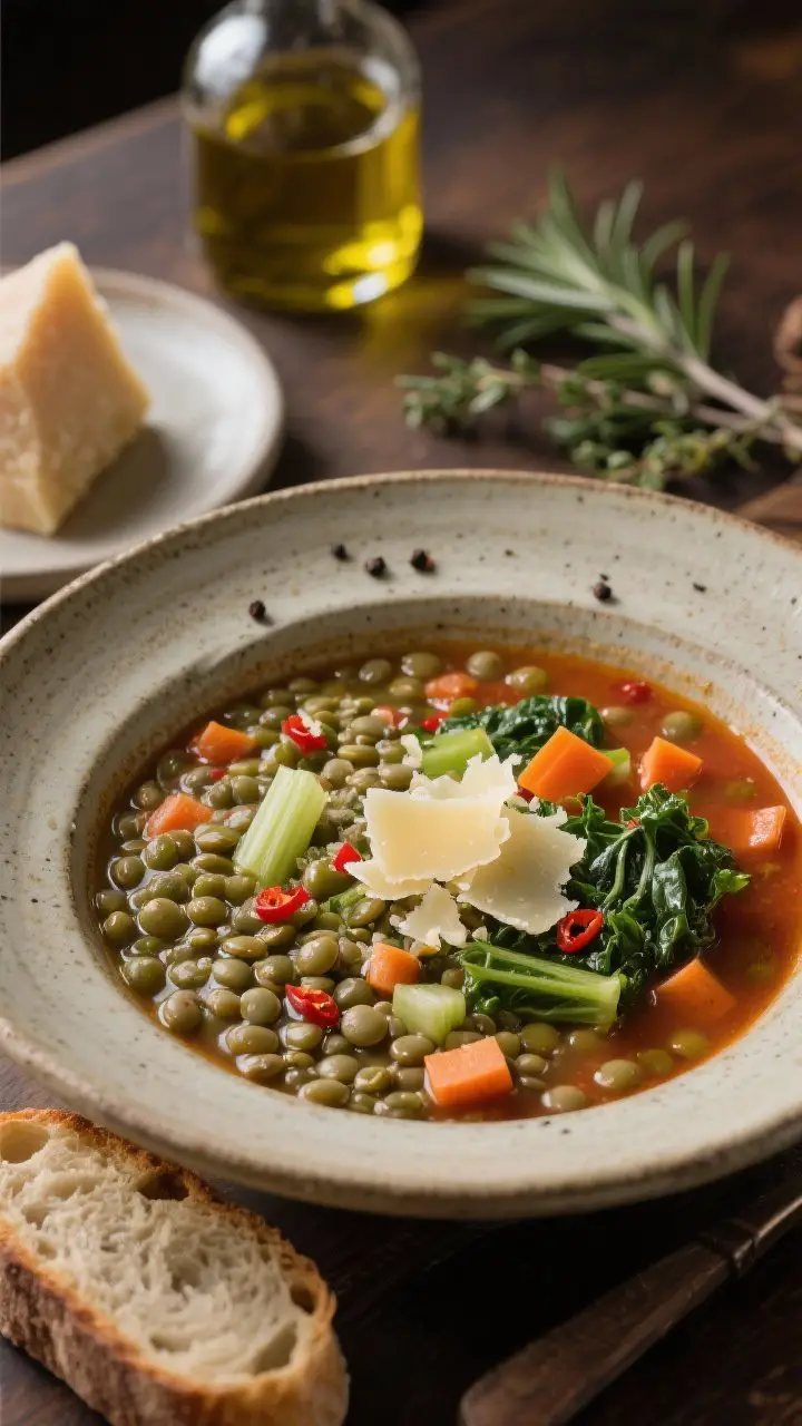 45-degree angle close-up of Rustic Italian Lentil Soup in a deep, stoneware bowl: small green (du Puy) lentils in a herby, tomato-kissed broth with visible diced fennel, carrot, celery, and wilted kale; tiny red chili flakes dot the surface. A glossy finish from stirred-in garlic oil, melted shavings of Parmesan and grated Parmesan sprinkled on top, and a hint of black pepper. Show the Parmesan rind on a small plate nearby, a bottle of olive oil, and a sprig of rosemary and oregano. Cozy trattoria feel, soft evening light, served with a thick slice of crusty bread on the side.