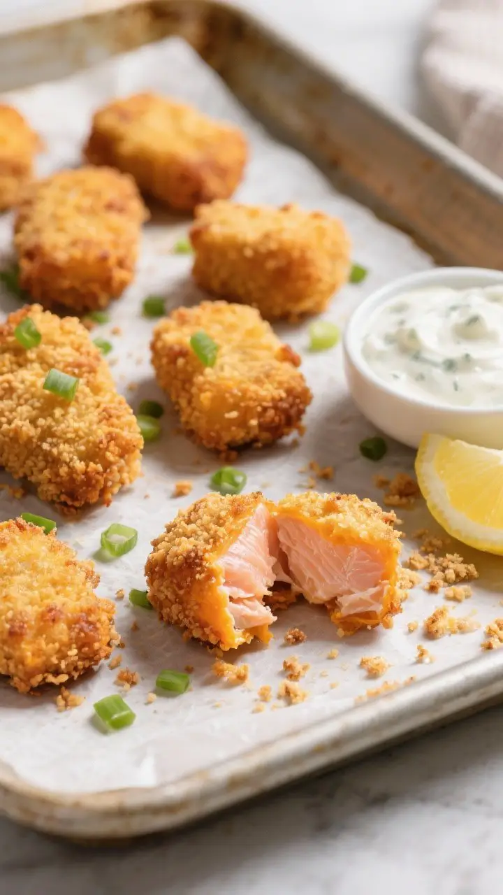 45-degree angle close-up of salmon sweet potato nuggets fresh from the oven: golden panko-crusted nuggets arranged on a lightly oiled parchment-lined sheet pan, crisp texture visible; a small dish of yogurt-ranch and lemon wedges to the side; crumbs scattered naturally, with a cut-open nugget revealing flaky pink salmon and creamy orange sweet potato interior; garnished with finely chopped scallions, bright and inviting.