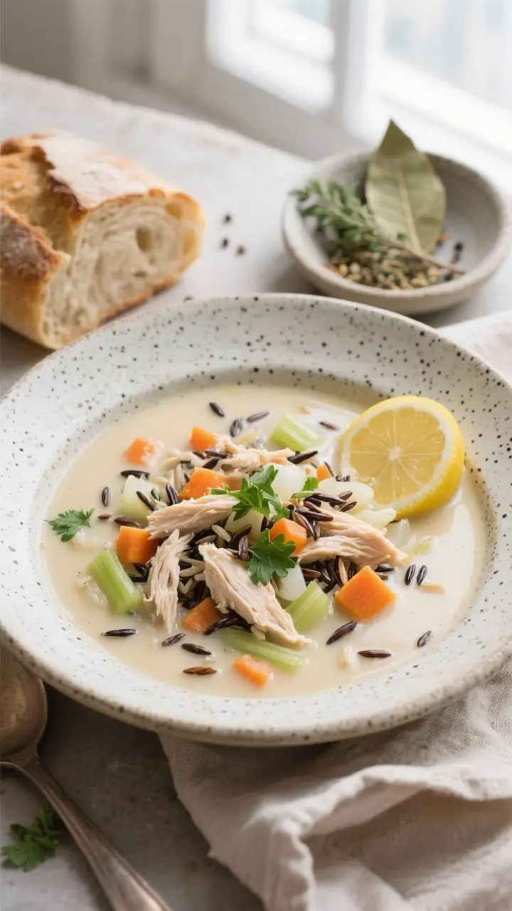 45-degree angle, cozy plated presentation of creamy chicken and wild rice soup in a wide speckled stoneware bowl; tender shredded chicken, visible wild rice grains, diced carrots, celery, and onion suspended in a velvety broth; garnished with chopped fresh parsley, a twist of cracked black pepper, and a lemon wedge on the rim; background props: a chunk of crusty bread, a small dish of dried thyme and bay leaves, and a linen napkin; soft natural window light for a comforting, weeknight-supper vibe.