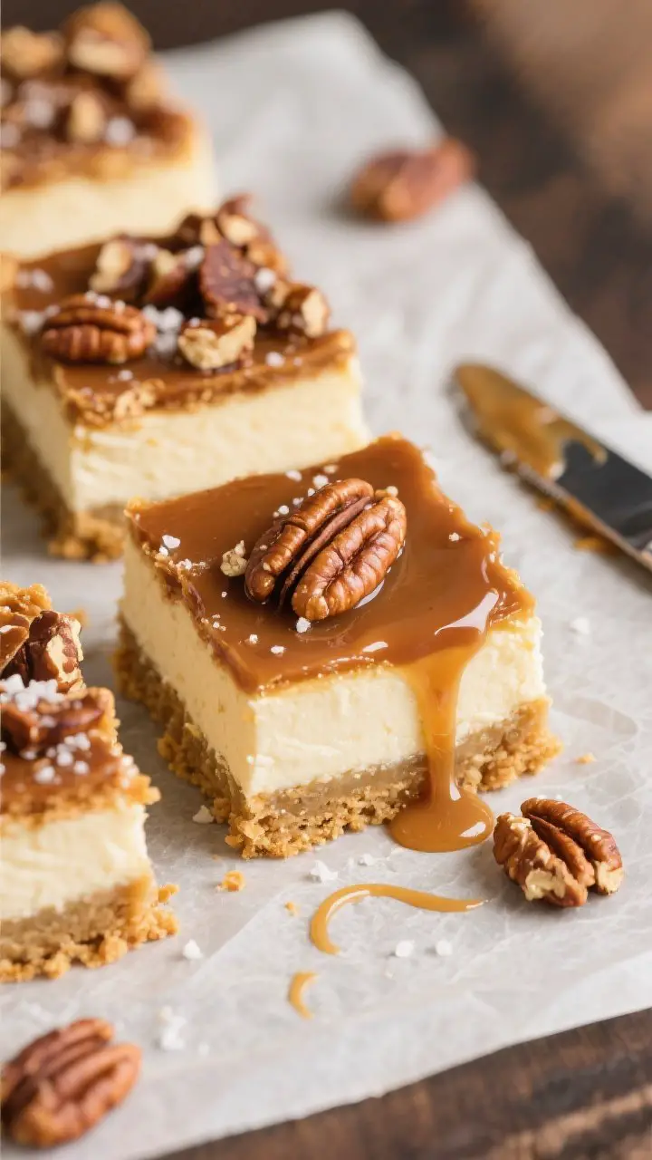45-degree angle dessert bar composition of pecan pie cheesecake bars on parchment: neat squares with three distinct layers—golden graham crust, creamy pale vanilla cheesecake, and glossy chopped pecan topping bound with maple-brown sugar butter; slow drizzle of salted caramel over a few bars, finished with visible flakes of sea salt; a small knife with sticky caramel trails; warm, inviting light highlighting sheen and texture.