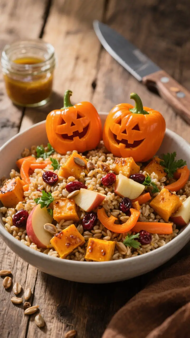 45-degree angle harvest bowl presentation: nutty farro tossed with roasted butternut squash cubes, carrot slices, and orange bell pepper, plus diced Honeycrisp apple, dried cranberries, toasted sunflower seeds, and parsley, all glossed with maple chili vinaigrette. Perched on top are mini orange peppers carved into smiling jack-o’-lantern faces, lids slightly tilted. Warm, golden-hour lighting on a rustic wooden table, with a small jar of vinaigrette and carving knife in the background.