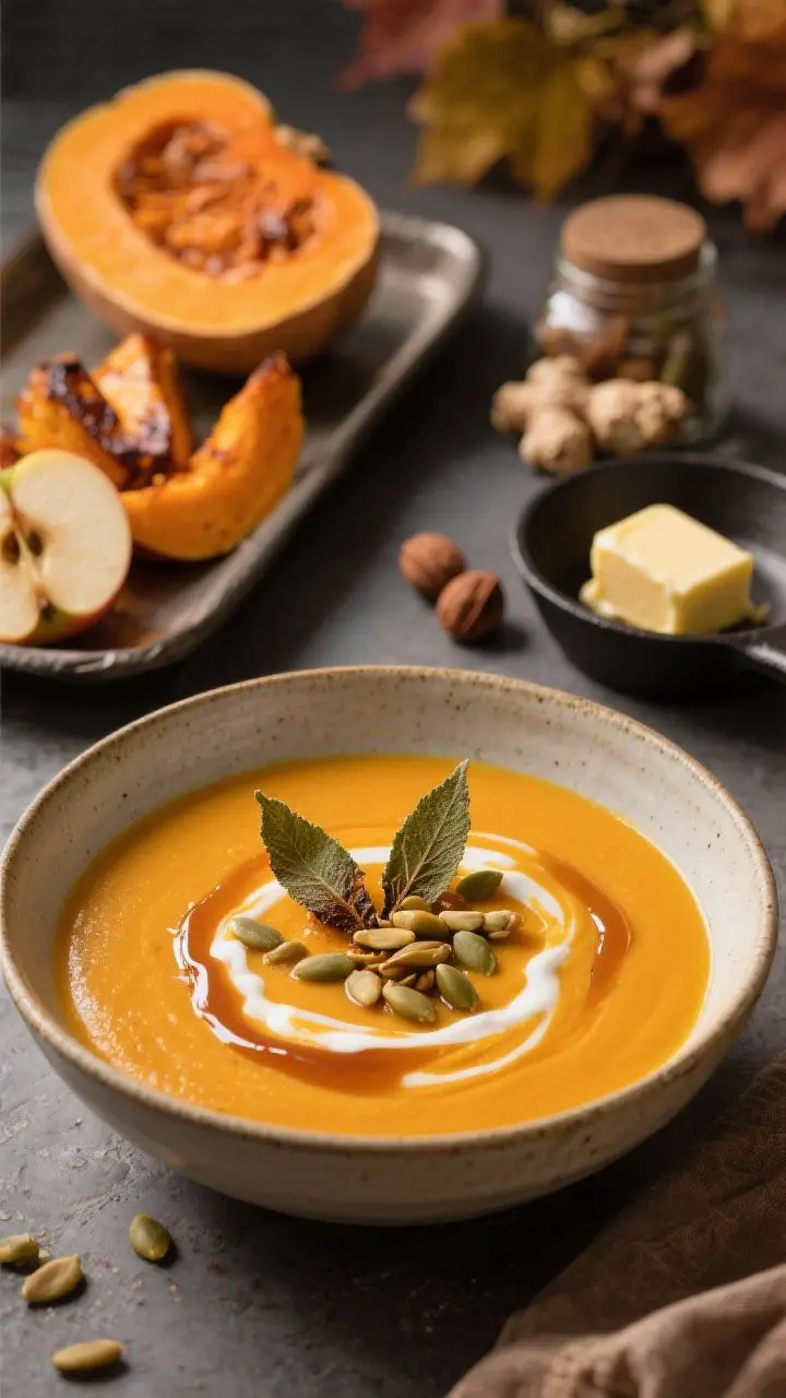 45-degree angle hero shot of roasted butternut squash and apple soup, ultra-velvety and golden-orange in a shallow ceramic bowl; glossy drizzle of nutty brown butter, topped with crackling crispy sage leaves and sprinkled pepitas; subtle swirl of cream integrated for extra silkiness, with caramelized squash and apple on a small tray in the background to nod to the roast; props: a pat of butter just browned in a tiny skillet, nutmeg and ginger jars; elegant fall ambiance with soft shadows and warm highlights.