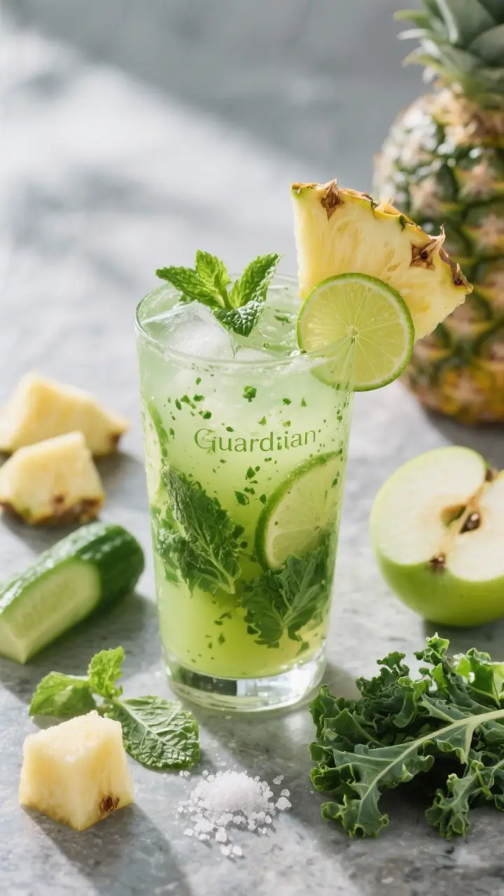 45-degree angle hero shot of the Green Guardian With Pineapple, Kale, And Lime in a tall chilled glass over ice, tropical green color with tiny mint and kale speckles; garnished with a pineapple wedge and a thin lime wheel; surrounding props include fresh pineapple chunks, a small cucumber cut on a bias, a cored green apple half, a handful of kale leaves, torn mint sprigs, and a pinch of sea salt; set on a cool stone surface with soft daylight, subtle backlight for glow, refreshing “spa day” vibe.