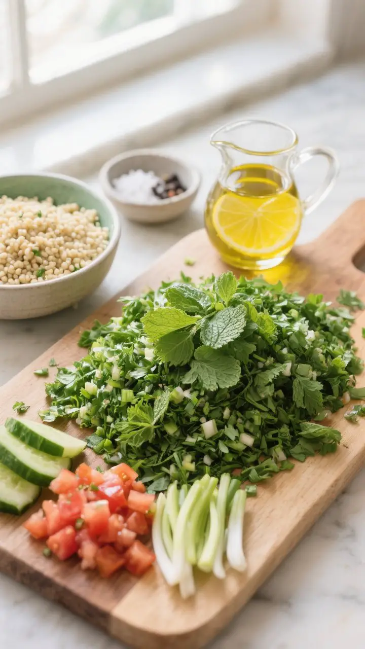 45-degree angle ingredient-prep scene for herby tabbouleh: a wooden board with finely chopped flat-leaf parsley and mint mounded like a green carpet, a bowl of fluffed fine bulgur just rehydrated, small piles of finely diced tomatoes and English cucumber, and thinly sliced scallions. A small glass pitcher of extra-lemony dressing (fresh lemon juice and extra-virgin olive oil) ready to pour, with a pinch bowl of sea salt and black pepper. Clean, bright, zippy vibe; focus on the ultra-fine herb chop and vibrant greens, soft natural window light.