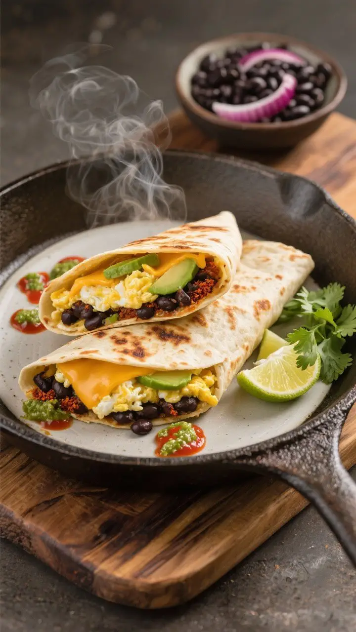 45-degree angle plated presentation of a golden-toasted breakfast burrito cut in half to reveal soft scrambled eggs, smoky black beans seasoned with smoked paprika and cumin, melted cheddar, and creamy avocado slices; steam gently rising, drizzle of salsa verde and hot sauce on the plate, lime wedges and cilantro sprigs on the side, warm flour tortilla char marks visible; set on a rustic skillet atop a wooden board with a small bowl of black beans and red onion in the background.