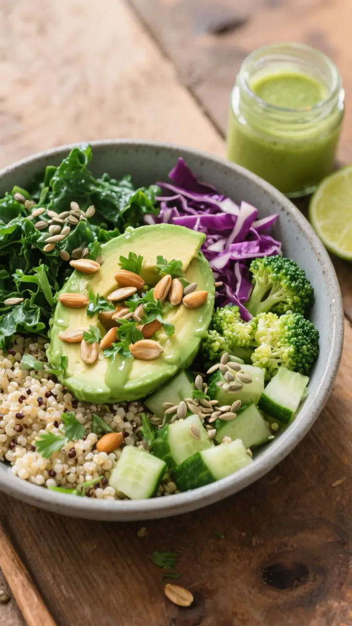 45-degree angle plated presentation of a Green Goddess Avocado Detox Bowl with quinoa: fluffy quinoa base, massaged kale, diced cucumber, steamed broccoli florets, shredded purple cabbage, and neat slices of avocado. Silky avocado-lime dressing pooled and drizzled, topped with pumpkin or sunflower seeds, a sprinkle of hemp seeds, and chopped parsley/cilantro. Served in a matte ceramic bowl on a wooden table, small jar of dressing and a cut lime on the side, clean, fresh, meal-prep vibe, vibrant greens and purples popping.