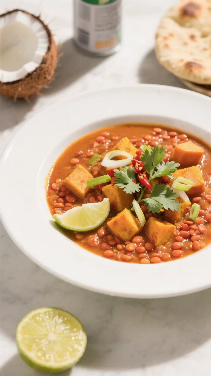 45-degree angle plated presentation of creamy coconut red lentil stew in a shallow white bowl: silky coral-orange base with melted red lentils, tender sweet potato cubes, hints of turmeric and red curry paste, finished with a squeeze of lime; garnished generously with fresh cilantro leaves and sliced scallions, a pinch of chili flakes, and glossy coconut richness. Place a halved lime and a can of coconut milk in the background with warm naan on the side. Bright, sunlit mood with clean styling, soft shadows.