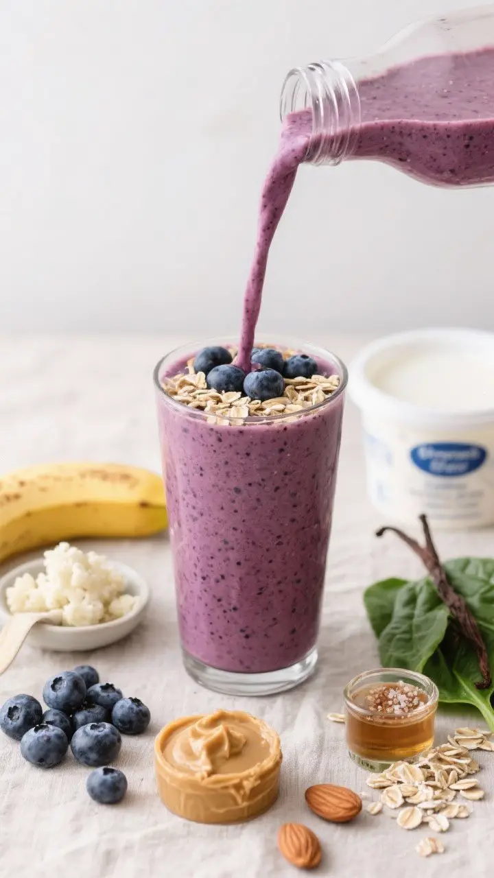 45-degree angle pour shot of Blueberry Vanilla Almond Crunch with sneaky greens, deep purple smoothie streaming into a tall glass; visible flecks of blueberries and oats for texture; set beside ingredients: frozen blueberries, a half banana (or riced cauliflower in a small dish), scoop of vanilla protein, almond butter dollop, rolled oats, fresh spinach leaves, vanilla extract, and a pinch of cinnamon and sea salt; almond milk and Greek yogurt containers in soft focus; cool, jammy color palette with a pale linen backdrop, clean minimal styling for a wholesome, full-meal feel.