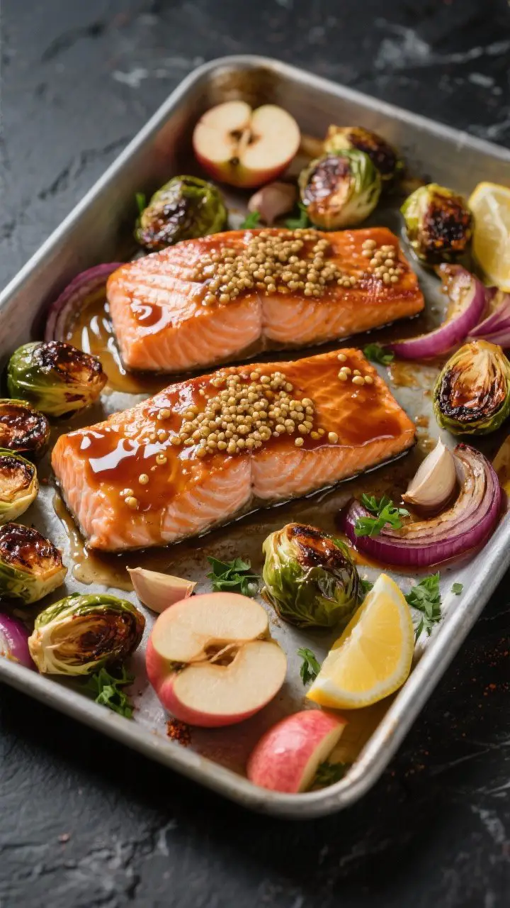 45-degree angle sheet-pan scene of maple-mustard glazed salmon fillets centered skin-side down, lacquered with Dijon, whole-grain mustard, maple syrup, apple cider vinegar, garlic, and smoked paprika; around them, roasted Brussels sprouts with charred edges, jammy slices of Honeycrisp/Pink Lady apple, and ribbons of roasted red onion; lemon wedges and chopped parsley sprinkled post-roast; glossy, appetizing glaze highlights and crisp textures, set on a large metal pan over a dark slate background.