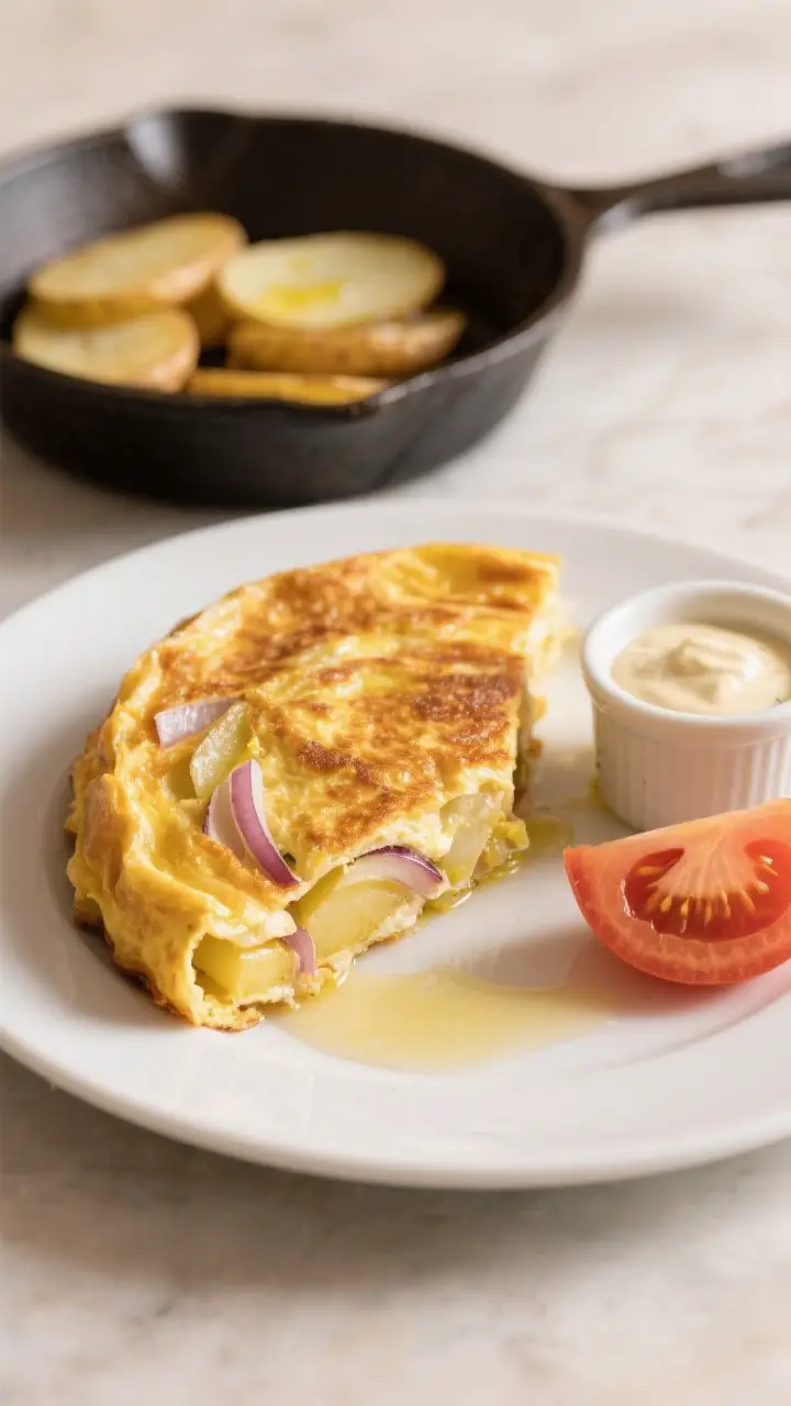45-degree angle shot of a classic Tortilla Española resting on a clean white plate: thick, golden omelet with visible layers of tender Yukon Gold potatoes and translucent onions, a satin sheen from olive oil. One wedge slightly pulled out to reveal moist, custardy center; a small ramekin of alioli and a wedge of tomato on the side. In the background, a well-seasoned 10-inch skillet with a few potato slices and a drizzle of reserved olive oil. Warm, cozy morning mood, soft side lighting to emphasize the dome and edges, minimal props, Spanish café vibe.