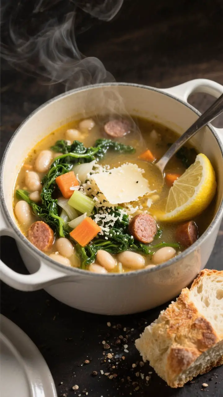 45-degree angle soup tureen shot: hearty sausage, white bean, and kale soup with a Parmesan rind visible in the broth; creamy cannellini beans, tender lacinato kale ribbons, diced carrot, celery, and onion in a golden chicken stock; steam curling up, a lemon wedge nearby for finishing; ladle resting in the pot and a slice of crusty bread at the edge of the frame; sprinkled with black pepper and grated Parmesan