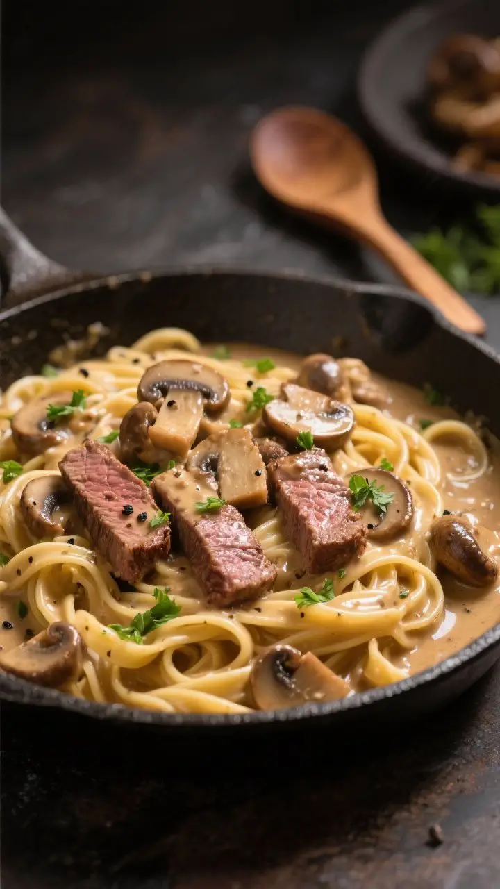 45-degree close-up: Weeknight beef stroganoff over buttered egg noodles, seared slices of sirloin, browned cremini mushrooms, silky light-brown sour cream-Dijon-Worcestershire sauce clinging to noodles, flecks of black pepper, topped with chopped parsley; a skillet with extra sauce in the background and a wooden spoon, cozy evening light.
