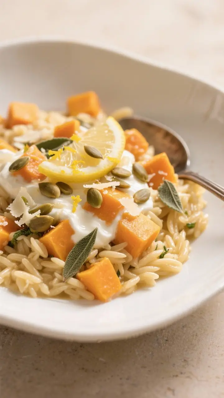 45-degree plated presentation: a shallow white bowl filled with creamy butternut sage orzotto made from orzo, visible diced butternut squash cubes, flecks of chopped sage, and a glossy finish from Greek yogurt and Parmesan; topped with lemon zest and toasted pepitas; a spoon resting in the bowl showing the velvety, starchy texture; warm neutral backdrop, gentle fall light, no heavy cream in sight.