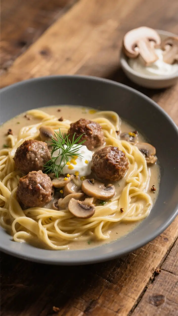 45-degree plated presentation of Swedish meatball soup ladled over a nest of buttered egg noodles: browned beef-pork meatballs in a silky mushroom-studded broth, slight creaminess from sour cream and Dijon, specks of allspice and nutmeg; garnished with fresh dill; served in a deep gray bowl with the buttered noodles glistening underneath; side elements include a small dish of sour cream and a few sliced cremini mushrooms; warm, cozy lighting with soft highlights, rustic wood table, tight depth of field emphasizing the glossy sauce clinging to noodles.