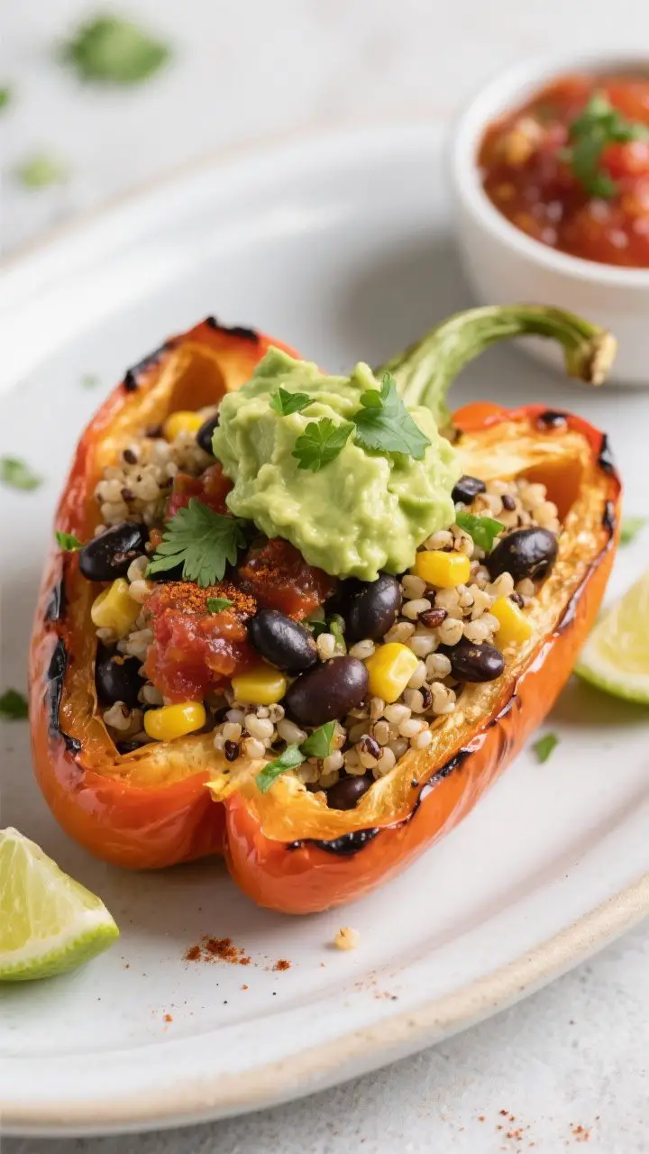 45-degree plated presentation of Zesty Quinoa and Black Bean Stuffed Peppers: halved bell peppers, edges slightly blistered, mounded with a colorful filling of quinoa, black beans, corn kernels, and salsa seasoned with cumin and chili powder; crowned with a generous dollop of mashed avocado mixed with lime juice, sprinkled with chopped cilantro; lime wedges on the side, a small bowl of extra salsa in the background; vibrant, hearty yet light, with clear grain texture and glossy beans under soft directional light.
