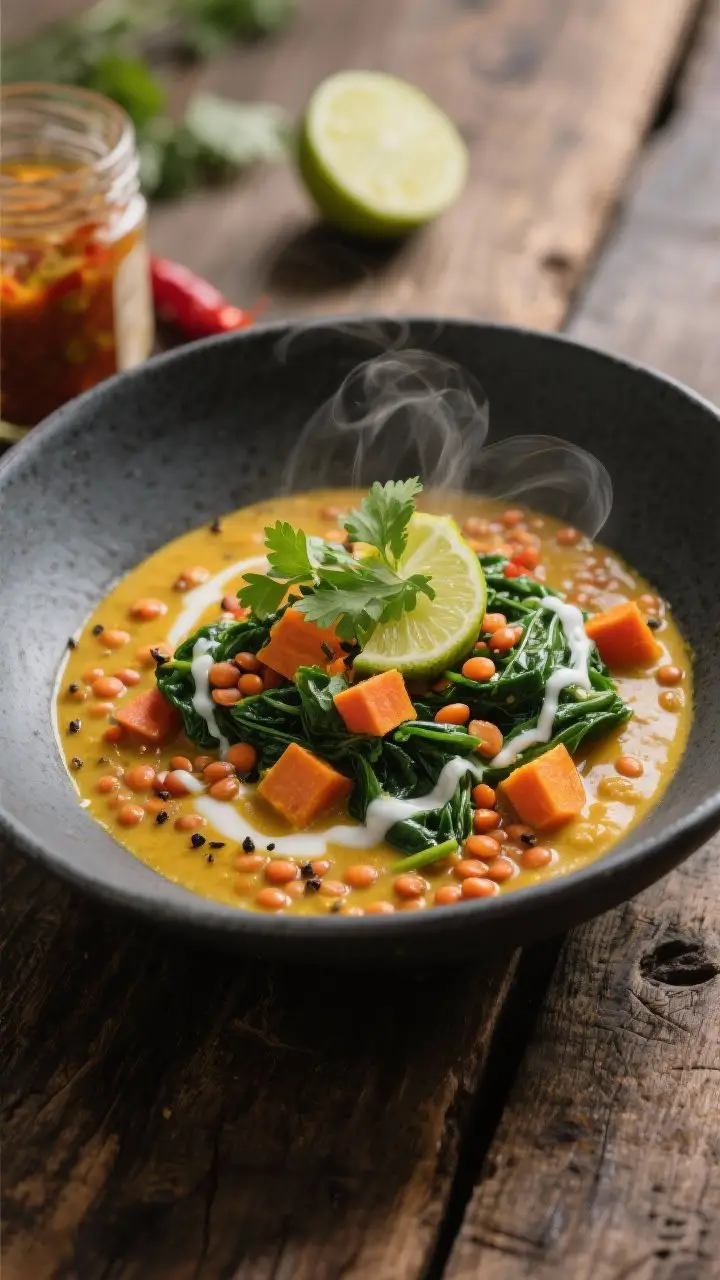 45-degree plated shot of Golden Turmeric Lentil Stew: silky red lentils melted into a creamy golden base from turmeric and light coconut milk, studded with diced carrot and sweet potato, wilted spinach folds, crowned with chopped fresh cilantro and a squeeze of lime; gentle steam rising, a drizzle of coconut milk swirl and a crack of black pepper for contrast; served in a matte charcoal bowl on a rustic wooden table, a halved lime and chili crisp jar in the background for mood.