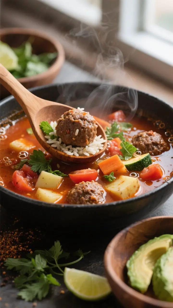 45-degree process shot of hearty Albondigas soup simmering: beef meatballs speckled with uncooked rice, cilantro, mint, and cumin nestled in a tomato-chipotle broth; visible diced tomatoes, cubed russet potato, carrot, and zucchini; gentle bubbles around the meatballs, a wooden ladle lifting one to show texture; garnished bowls nearby with avocado slices, extra cilantro, and lime wedges ready to finish; rich, earthy tones, slight smoke-kissed ambiance, natural window light highlighting the glossy surface.
