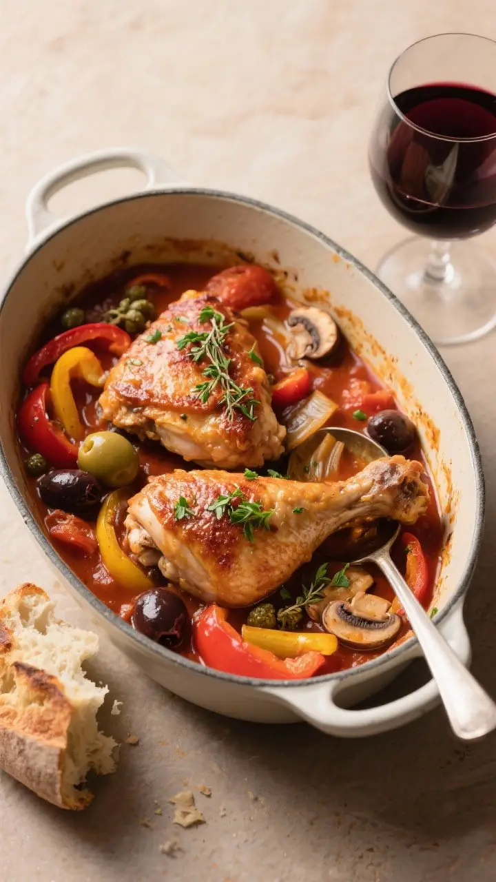 45-degree rustic braise: Herby Chicken Cacciatore with bone-in, skin-on thighs, skin crisped and perched above a thick tomato-wine sauce; visible slices of red and yellow bell peppers, cremini mushrooms, onions, Kalamata/Castelvetrano olives, and a few capers; oregano and thyme flecks throughout; finished with chopped parsley; served in a wide, shallow enamel braiser with a ladle partially submerged; a piece of torn crusty bread and a glass of red wine nearby; warm, slow-simmered ambiance.