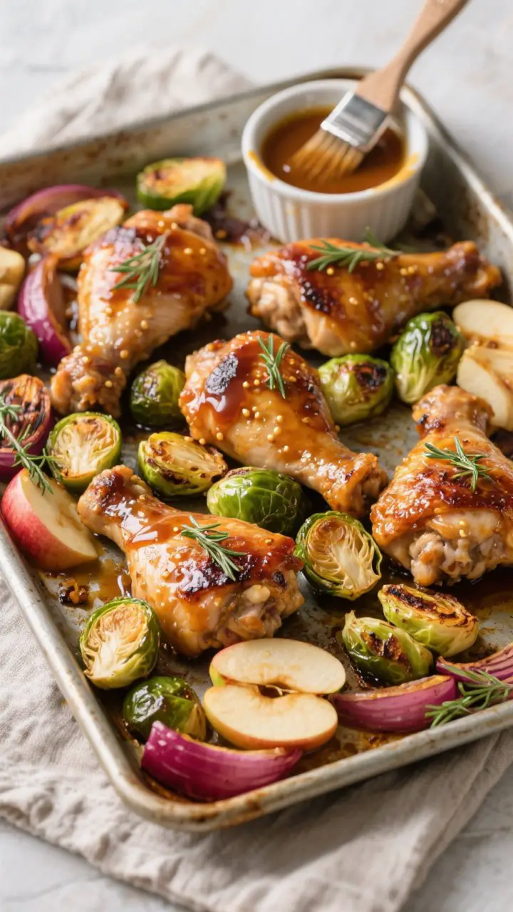 45-degree sheet pan scene of maple-mustard chicken thighs fresh from the oven: lacquered, caramelized skin-on thighs nestled among halved Brussels sprouts, Honeycrisp apple wedges, and red onion petals, all burnished and roasty; extra glaze brushed on top, a few sprigs of fresh thyme scattered; edges slightly charred; served on a well-used metal pan over a linen, with a ramekin of maple-Dijon glaze and a brush in frame