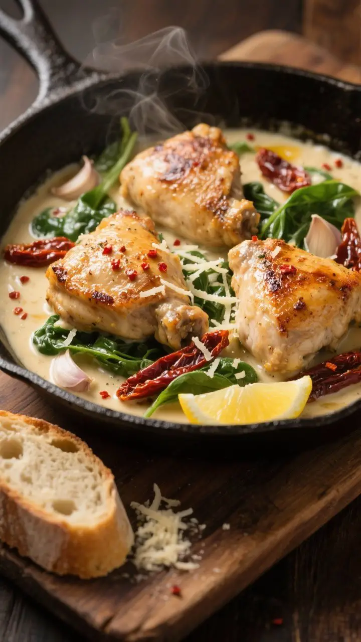 45-degree skillet scene: Creamy Tuscan chicken thighs nestled in a silky Parmesan cream sauce with ribbons of oil-packed sun-dried tomatoes, wilted baby spinach, garlic, and flecks of Italian seasoning; glossy sauce clinging to seared golden chicken; a sprinkle of red pepper flakes and a squeeze of lemon ready nearby; cast-iron skillet on a rustic wooden board with a chunk of crusty bread at the edge for sauce-sopping; warm, cozy lighting with gentle steam visible.