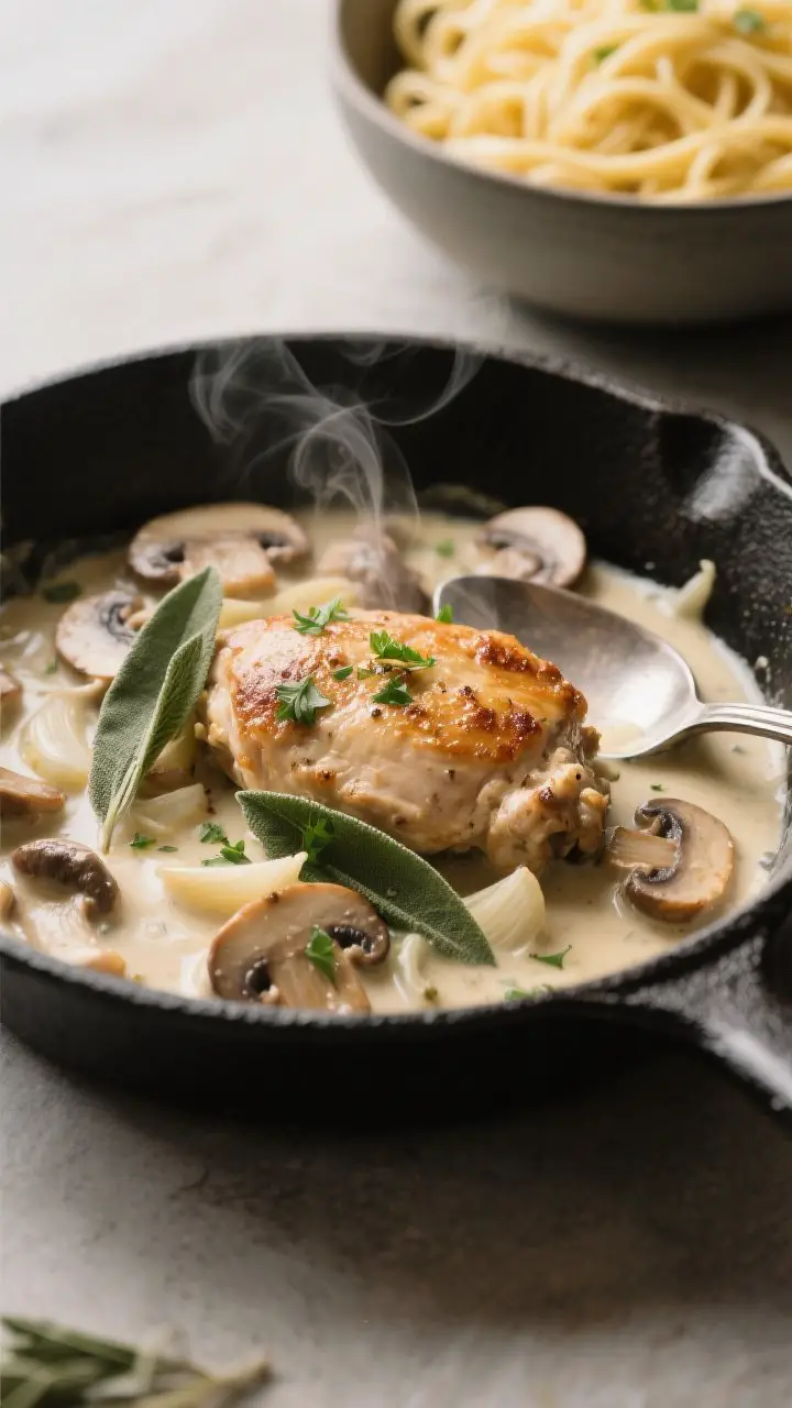 45-degree skillet scene of creamy chicken, mushroom, and sage: browned chunks of boneless chicken thighs bathed in a silky cream sauce with seared cremini mushrooms, shallot, and garlic; visible ribbons of fresh sage and a sheen from Dijon and white wine reduction; steam rising, spoon resting in a black enamel skillet; buttered egg noodles in a side bowl slightly blurred; soft, cozy lighting with a hint of parsley sprinkled on top.