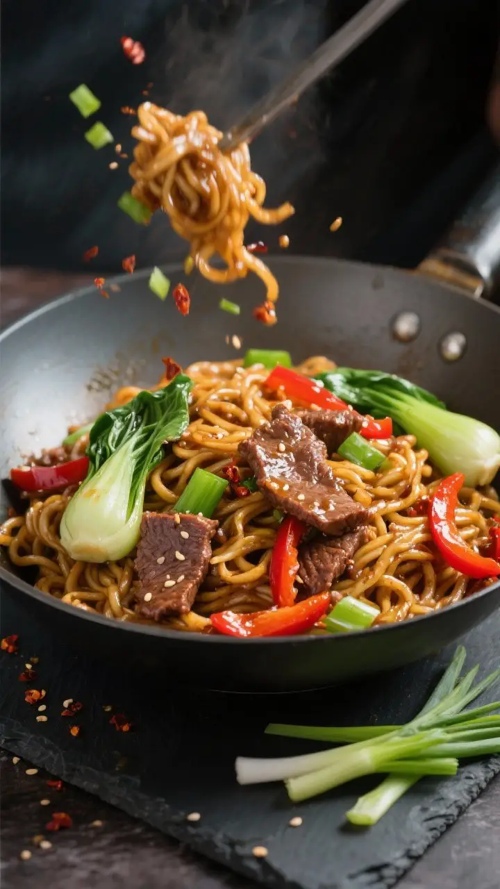 45-degree wok action shot: Ginger-scallion beef noodle stir-fry, glossy lo mein/udon noodles tossed with thin slices of flank steak, vibrant red bell pepper strips, baby bok choy, and 2-inch green onion pieces; sauce of soy, oyster, hoisin clinging to noodles, a sheen of sesame oil; optional chili flakes sprinkled lightly; served in a wide bowl with extra scallions on a dark slate surface.