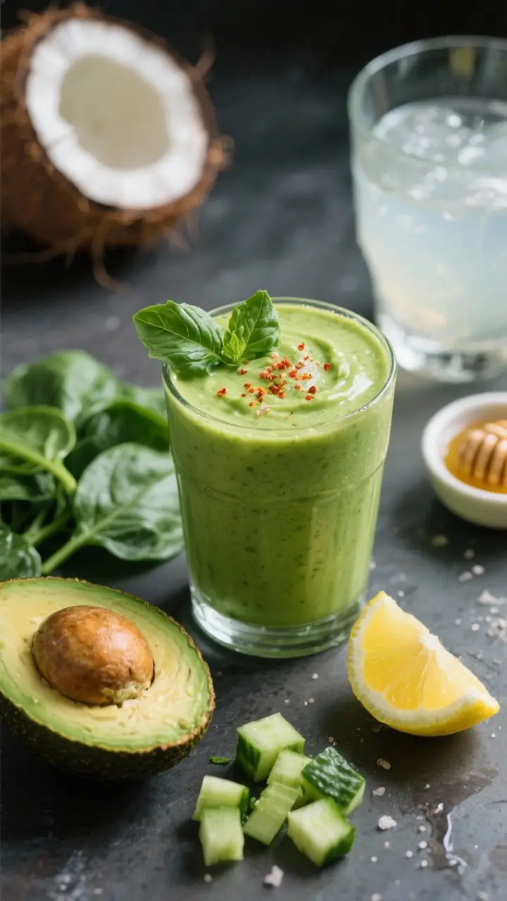 A 45-degree angle beauty shot of the creamy avocado, spinach, and herb-lemon sipper in a short tumbler, luxuriously thick and silky with a smooth surface. Garnish with a basil leaf (or cilantro) and a micro dusting of cayenne and sea salt. The color is deep, creamy green. Surround with half a ripe avocado, baby spinach, a small chopped cucumber, a peeled half lemon, a splashy glass of chilled coconut water, and a tiny dish of honey. Soft, moody side light to emphasize creaminess; no straining, lush and satisfying.