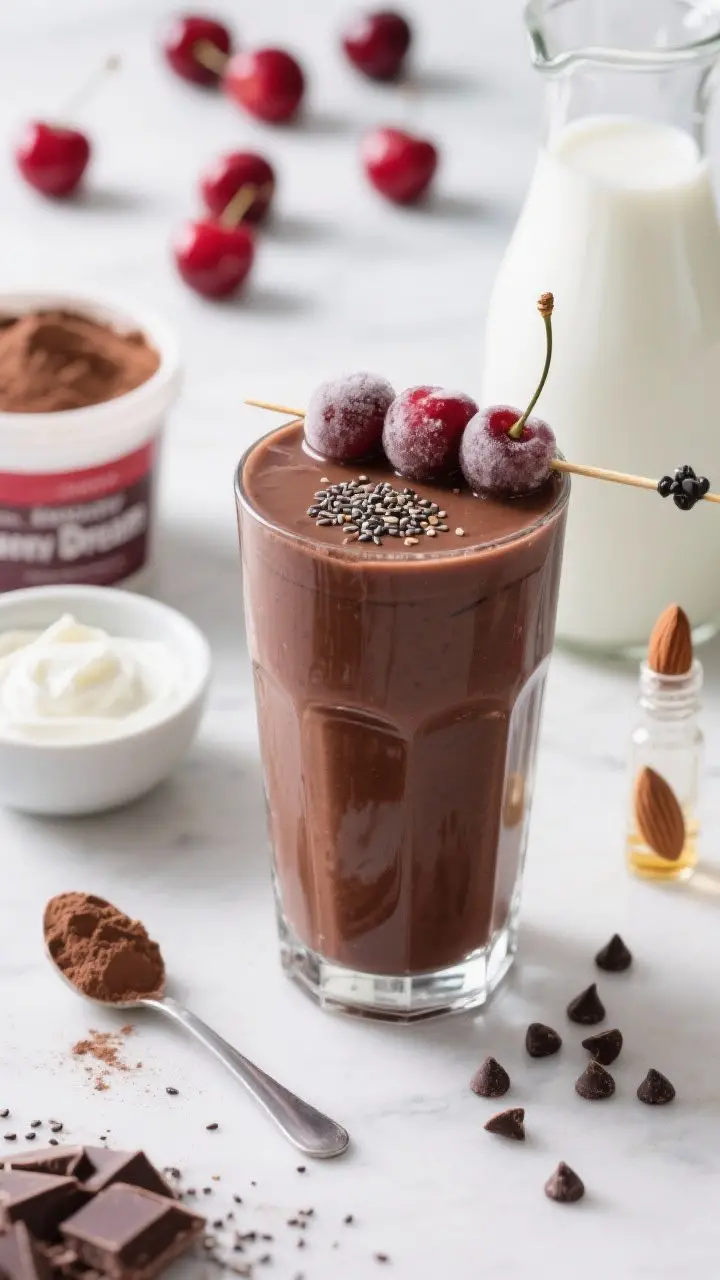A 45-degree angle hero shot of the Chocolate Cherry Recovery Dream poured thick into a clear highball glass, deep crimson-chocolate hue with a glossy surface. Garnish with a few frozen pitted cherries on a skewer and a sprinkle of chia seeds; optional Black Forest variation hinted by a few scattered mini dark chocolate chips on the table. Include props: a tub scoop of chocolate protein powder, a small bowl of Greek yogurt with a spoon swipe, unsweetened vanilla almond milk in a carafe, and a tiny vial of almond extract. Bright, refreshing light with cool tones to evoke post-cardio recovery; background cherries add pop.