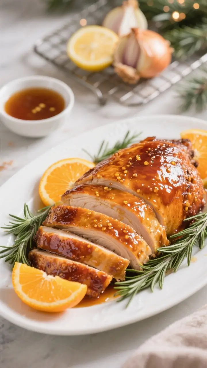 A 45-degree angle plated presentation of a Citrus-Maple Glazed Turkey With Rosemary: glossy, caramelized skin brushed with a maple, orange, lemon, and Dijon glaze, tiny lacquered bubbles visible. Arrange thick slices on a white platter with orange slices and fresh rosemary sprigs as garnish. In the background, a small bowl of extra warm glaze and a roasting rack with onion quarters and chicken stock hints. Color palette: amber glaze, citrus orange, evergreen rosemary. Soft holiday mood, shallow depth of field, highlights on the glaze.