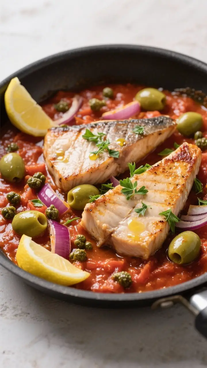 A 45-degree angle shot of Sicilian swordfish alla ghiotta: thick, lightly seared swordfish steaks nestled in a chunky tomato sauce with halved green olives, capers, red onion slivers, and fresh oregano, finished with parsley and a drizzle of olive oil; served in a wide shallow skillet with lemon wedges at the rim, glossy sauce highlights, coastal Mediterranean color palette