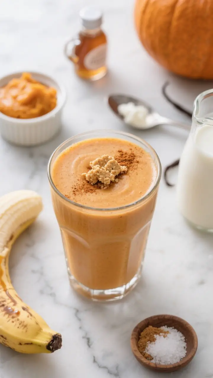 A 45-degree close-up of a thick Maple Pumpkin Pie smoothie poured into a chilled clear glass, creamy orange hue with a dusting of pumpkin pie spice on top, garnished with a small crumble of graham crackers, styled on a cool marble surface. Surround with key ingredients: canned pumpkin puree in a small ramekin, a frozen banana piece, a drizzle of maple syrup in a tiny pitcher, a spoonful of Greek yogurt, vanilla extract bottle, almond milk in a glass, and a pinch bowl of sea salt. Soft morning light, cozy fall mood, shallow depth of field highlighting the velvety texture.