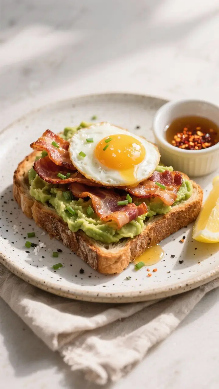 A 45-degree plated shot of crispy bacon, egg, and avocado toast on thick sourdough, topped with a runny sunny-side egg and a glossy drizzle of chili honey; mashed avocado flecked with lemon, salt, and black pepper spread to the edges; extra crispy thick-cut bacon strips stacked for height; sprinkled chives; a small ramekin of chili-flake honey and lemon wedge on the side; warm morning light, shallow depth of field, toast on a speckled ceramic plate over a linen napkin, textures of creamy avocado, jammy yolk, and lacquered bacon emphasized.