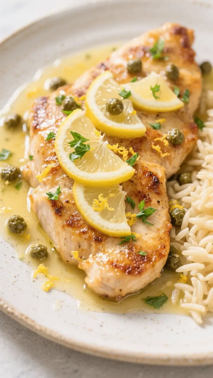 A 45-degree plated shot of golden seared chicken piccata cutlets glistening in a lemon-caper butter pan sauce, with capers, lemon zest, thin lemon slices, and chopped parsley scattered over the top; a drizzle trail in the sauce showing viscosity, served on a light stoneware platter with a side of buttered orzo partially visible, natural light highlighting the gloss, crisp edges, and browned fond