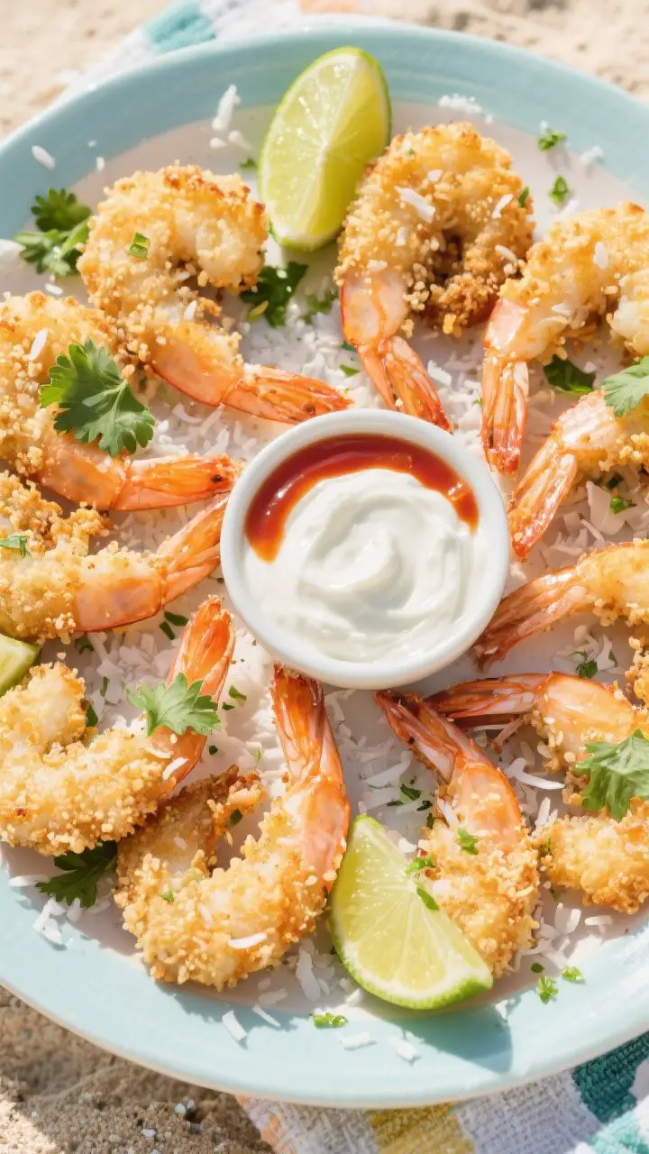 A bright, beachy overhead shot of coconut-lime shrimp: large shrimp (tails on) coated in a crunchy mix of unsweetened shredded coconut, panko, garlic powder, kosher salt, and lime zest, air-fried to golden perfection and arranged in a circular pattern. Garnished with chopped cilantro and served with lime wedges and a small bowl of a creamy dipping sauce (Greek yogurt + sweet chili sauce + lime). Fresh, sunlit styling with a subtle tropical feel; crisp coconut texture and juicy shrimp centers emphasized.