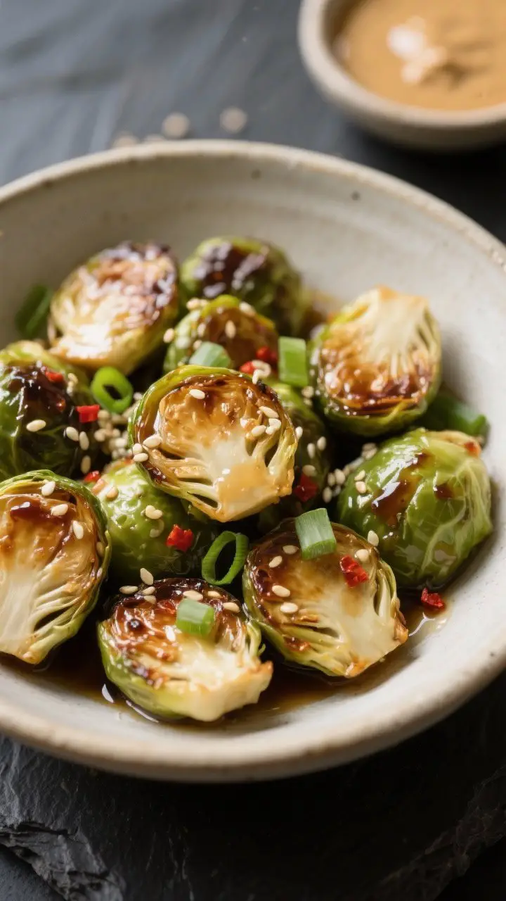 A close-up, 45-degree angle bowl of miso-ginger Brussels sprouts: halved sprouts with caramelized edges, tossed in a glossy glaze of white miso paste, maple syrup, rice vinegar, grated fresh ginger, low-sodium soy/tamari, and red pepper flakes. Garnished generously with sesame seeds and sliced scallions. The glaze clings and pools slightly, showing sticky-sweet sheen. Neutral ceramic bowl on a dark slate surface with a small dish of extra glaze in the background, evoking irresistible, snackable appeal.