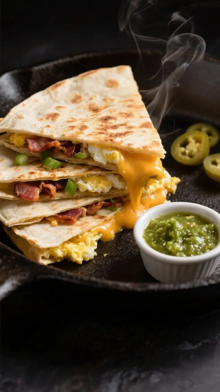 A close-up 45-degree shot of a sliced bacon breakfast quesadilla with visible layers: oozy melted Monterey Jack, soft-scrambled eggs, crisp chopped bacon, and scallions sealed in a golden, blistered flour tortilla; wedges fanned on a dark cast-iron skillet with a ramekin of bright salsa verde for dipping; a few pickled jalapeño rounds on the side; steam gently rising, cheese pull emphasized, moody side lighting for melty detail.