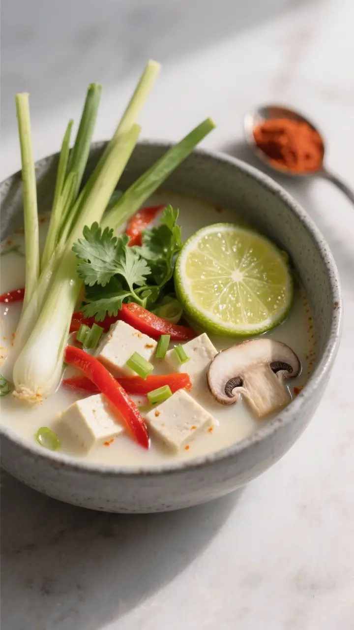 A close-up 45-degree shot of Thai-inspired coconut-lime detox soup in a gray ceramic bowl: creamy pale coconut broth with a hint of red curry blush, cubes of extra-firm tofu, thin red bell pepper strips, mushroom slices, and tender baby bok choy; garnished generously with fresh cilantro leaves and sliced scallions, tiny droplets of lime juice glistening on the surface; lemongrass pieces and a halved lime styled alongside, plus a small spoon of red curry paste; soft side light enhances the silky texture and spa-like, aromatic mood.