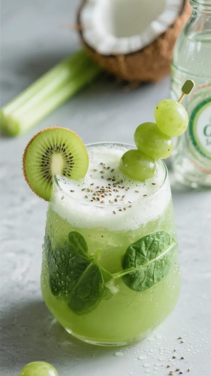 A close-up macro of the glow-getter spinach, kiwi, and green grape cooler in a chilled stemless glass, frothy top with tiny kiwi seed specks visible. Color is a lively, slightly opaque spring green. Garnish with a thin kiwi slice on the rim and a few green grapes skewered. In soft focus behind: a small celery piece and a bottle of chilled coconut water. A light sprinkle of chia seeds on the foam. Cool-toned background, condensation beads, appetizing tangy-sweet vibe.