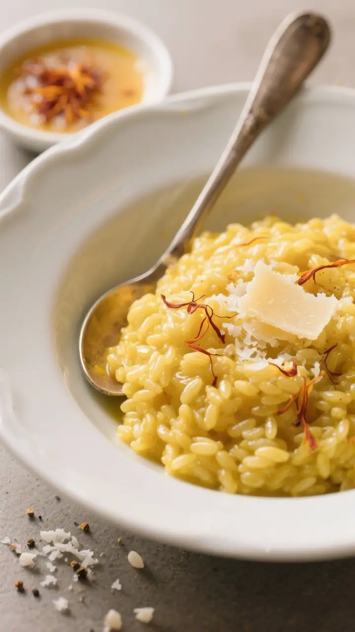 A close-up overhead bowl of risotto Milanese with saffron: luscious, loose, and flowing texture with a golden hue, glossy from the final butter; tight grains of Arborio/Carnaroli visible, finished with finely grated Parmigiano-Reggiano and a crack of white pepper; a small pinch dish with saffron threads and a ladle of warm stock nearby, soft diffused light emphasizing creaminess