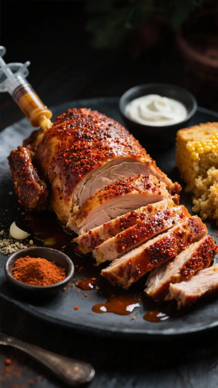 A dramatic 45-degree angle shot of Cajun-Style Turkey With Spicy Butter Injection: carved slices fanned on a dark platter, showing juicy interiors with a mahogany, spice-crusted exterior. Sprinkle of Cajun seasoning, smoked paprika, and a touch of cayenne visible on the crust; tiny pools of spicy butter juices on the platter. Include a small dish of the dry rub (paprika, garlic powder, onion powder, brown sugar) and a meat injector resting nearby. Side elements: cornbread dressing and a cooling yogurt sauce in soft focus. Moody lighting with rich contrast to highlight the kick.
