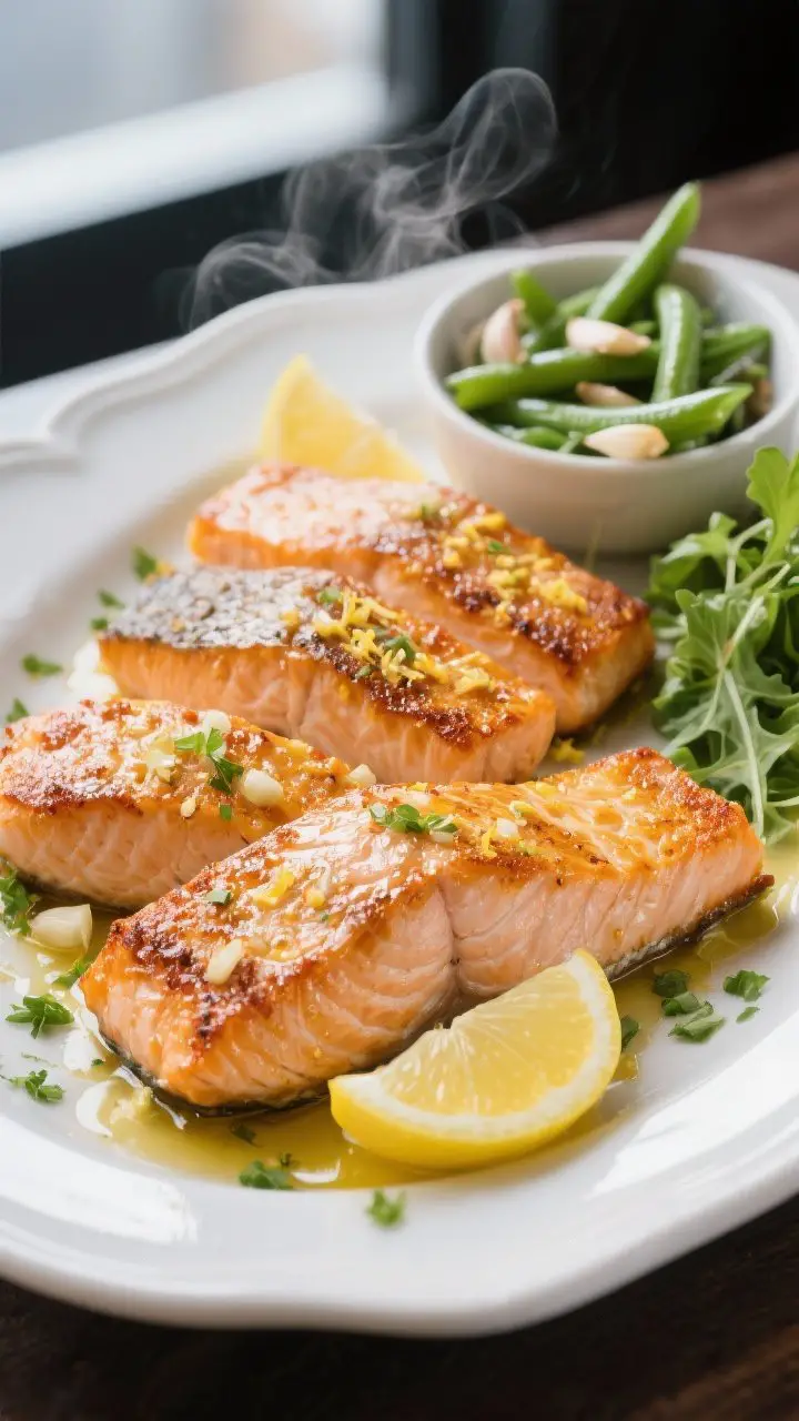 A plated, 45-degree angle close-up of crispy lemon-garlic salmon: four skin-on fillets with golden, crackly tops and flaky centers, brushed with a glossy mix of olive oil, lemon zest and juice, minced garlic, Dijon mustard, smoked paprika, sea salt, and black pepper. Served on a white ceramic platter with lemon wedges and a shower of chopped parsley, faint steam rising. Side accents: a small bowl of garlicky green beans and a minimalist arugula salad. Clean, moody background with soft window light emphasizing the zippy citrus sheen and crispy edges.