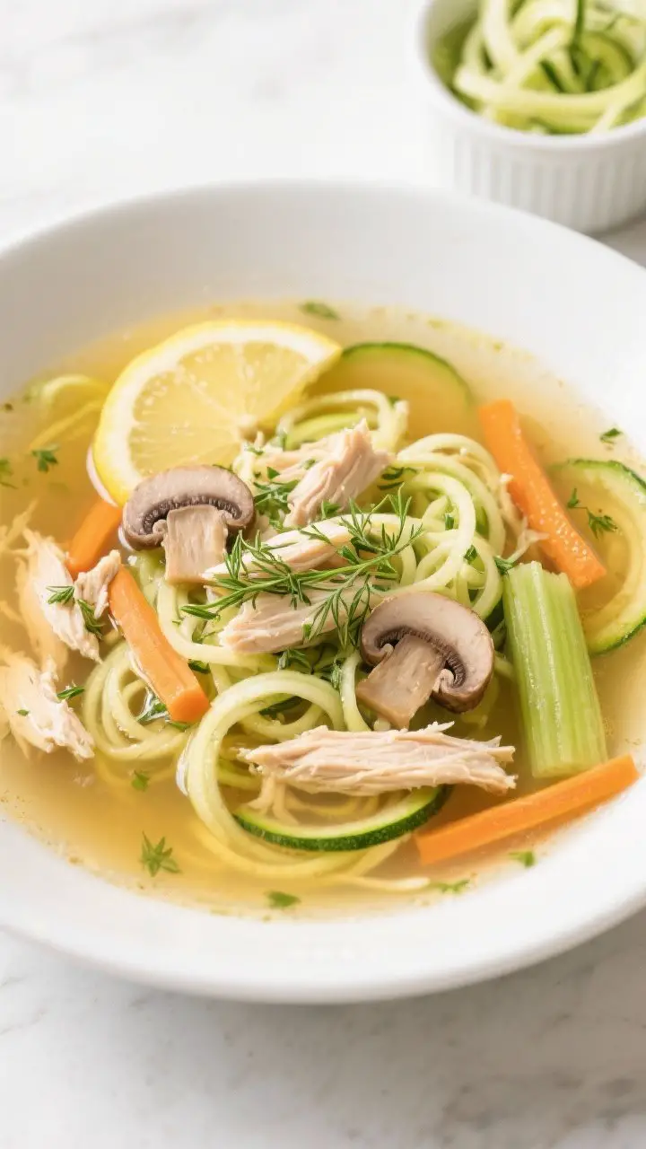 A plated, straight-on bowl shot of lemon-chicken detox soup with zoodles and dill: clear golden chicken broth with shredded chicken, thin carrot and celery slices, tender zucchini noodles twirling in the center, flecks of fresh dill, and a glossy finish; lemon wedges and a pinch of lemon zest on top for extra brightness; optional mushroom slices visible; served in a wide white bowl with a separate small container of extra zoodles in the background to hint at meal-prep; bright, clean lighting and a crisp, refreshing vibe.