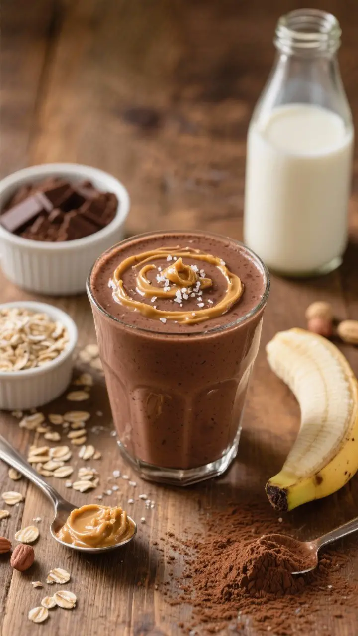 A plated-style scene of the Peanut Butter Cup Powerhouse at a 45-degree angle: ultra-creamy, thick chocolate-peanut butter smoothie in a short tumbler, peanut-butter swirl on top and a light pinch of flaky salt. Surround with ingredient cues: a spoonful of natural peanut butter, ground oats in a ramekin, chocolate protein powder scoop, half a frozen banana, dairy or soy milk in a glass bottle, and cocoa powder dusted on the surface. Warm, cozy lighting to suggest indulgence; wood tabletop for rustic dessert energy; crisp focus on surface texture and oat flecks.