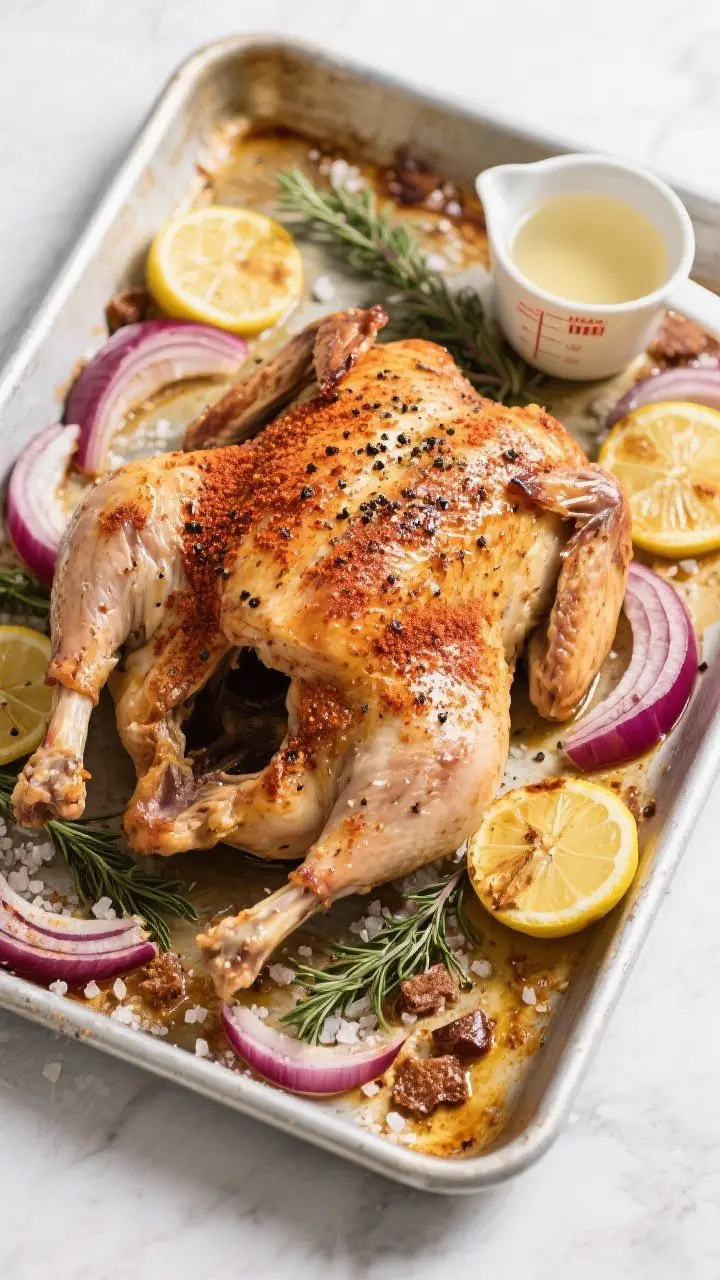 A process-focused overhead sheet-pan scene of a Dry-Brined Spatchcock Turkey just out of the oven: flattened bird with outrageously crisp skin dusted with smoked paprika, black pepper, and brown sugar notes, lying over roasted lemon rounds, red onion slices, and fresh thyme sprigs. Include visible coarse salt crystals from the dry brine, and browned, rendered bits on the pan ready for deglazing. Add a small measuring cup of white wine and chicken stock at the edge to suggest pan sauce. Bright, contrasty light to emphasize texture; modern, clean styling.