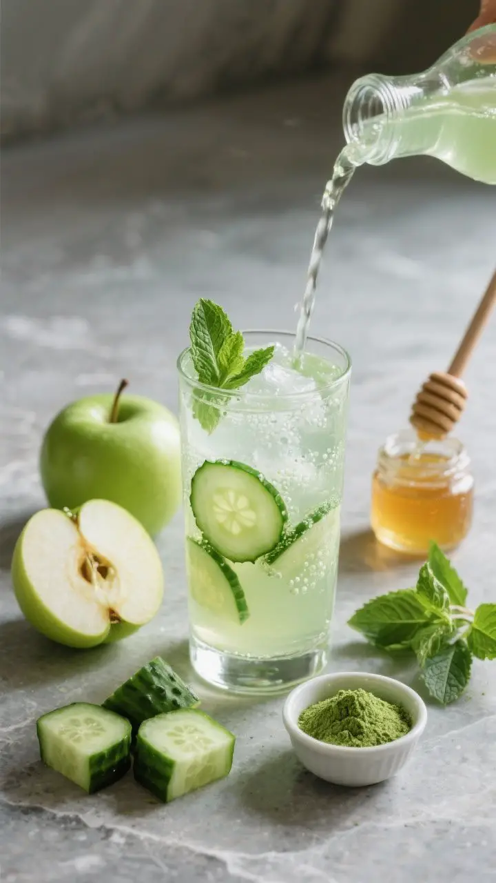 A serene 45-degree angle shot of a spa-like cucumber, green apple, and mint refresher being poured over ice into a clear highball glass. The liquid is pale green and ultra-clear from straining, with tiny bubbles and a fresh mint sprig floating on top. On a cool stone surface, arrange two chopped cucumbers, a cored green apple, a peeled half lemon, a small jar of honey with a dripper, and a handful of mint leaves; a small pinch of matcha powder in a ramekin as an optional twist. Soft, diffused daylight, minimalistic styling, evokes hotel-spa calm and crisp refreshment.