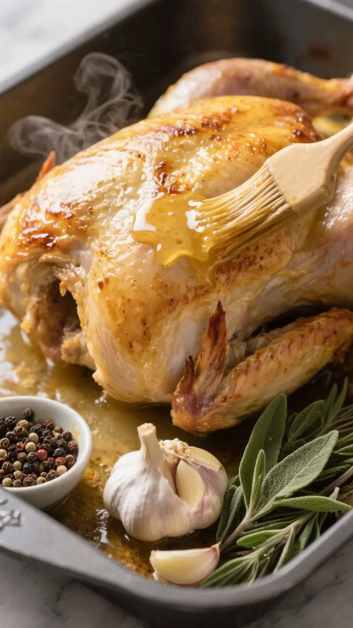 A straight-on close-up of a Buttermilk-Brined Turkey With Garlic and Sage being brushed with melted butter in the last 30 minutes: golden, gently blistered skin with a subtle creamy sheen from the buttermilk brine. In the foreground, halved head of garlic and a bunch of sage used in the brine, plus a small bowl of peppercorns. Hints of the roasting pan with accumulated slightly creamy pan juices ideal for gravy. Color tones: warm golds and soft greens; crisp detail on sage leaves and skin texture; steam subtly visible.